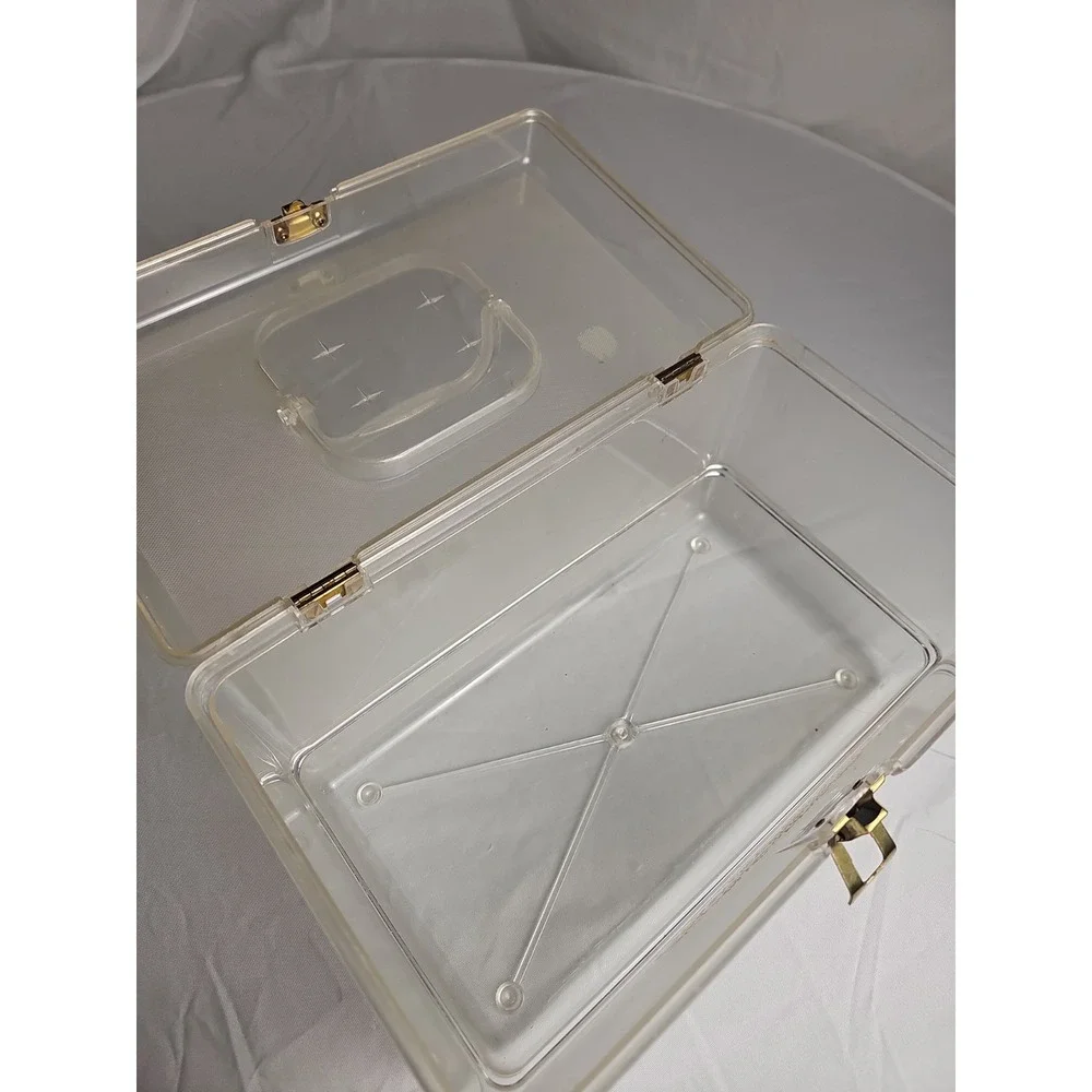 Vintage Will Hold Clear Lucite Sewing Box Gold Floral Craft Storage Carry Case